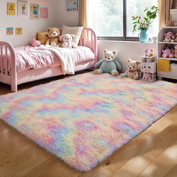 5x8 Rainbow Shaggy Unicorn Kids Rug for Girls Bedroom, Fluffy Fuzzy Soft Shag Princess Area Rugs for Living Room, Pastel Plush Washable Non-Slip Carpet for Nursery, Teens Boys Dorm Toddler Room