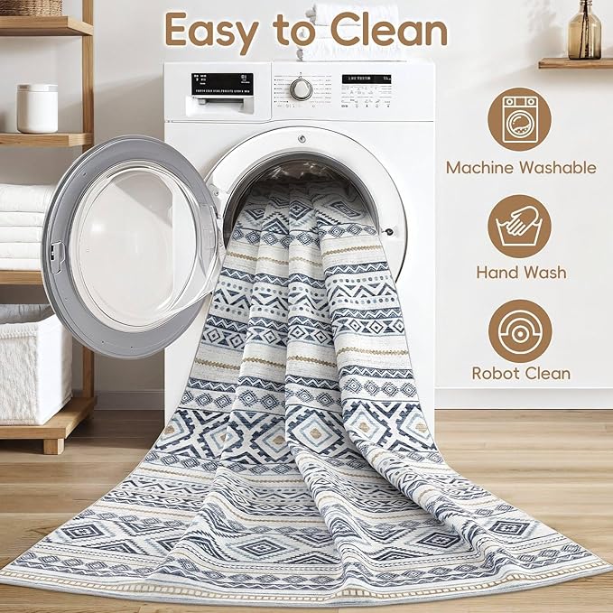 cotiled 7x9 Area Rug Living Room: Washable Boho Rugs with Non Slip Backing Large Soft Indoor Stain Resistant Carpet for Bedroom Farmhouse Dining Room Lightweight Home Decor Blue