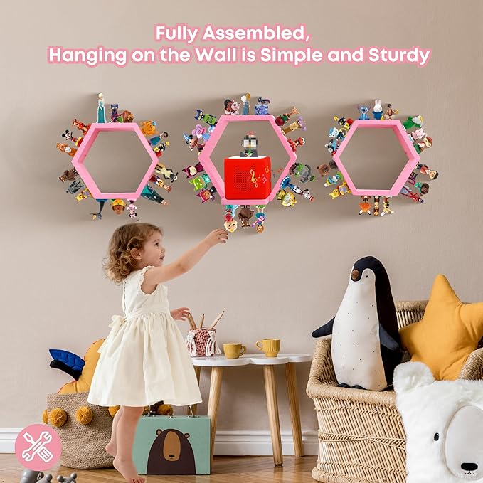 for Tonies Shelf Magnetic – Wooden Tonies Storage Shelf, Tonie Box Shelf with Tonies Holder, Wall Mounted Tonies Organizer for Kids Room (Pink)