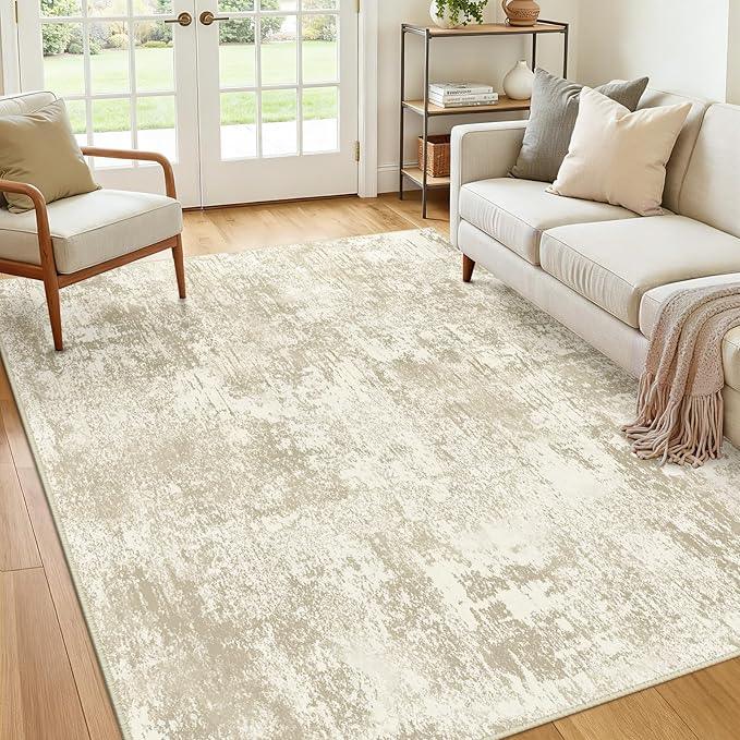 RELEANY Washable Area Rugs 9'x12' Non-Slip Modern Abstract Soft for Living Room Entryway Bedroom Nursery, Print Pattern, Beige Cream Brown