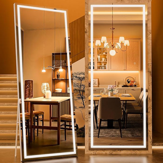 71" x 28" Full Length Mirror with Lights, LED Lighted Floor Standing Body Mirror, Dimmable & 3 Color Lighting for Bedroom, Cloakroom, Dressing Room, Tempered Glass, White Frame