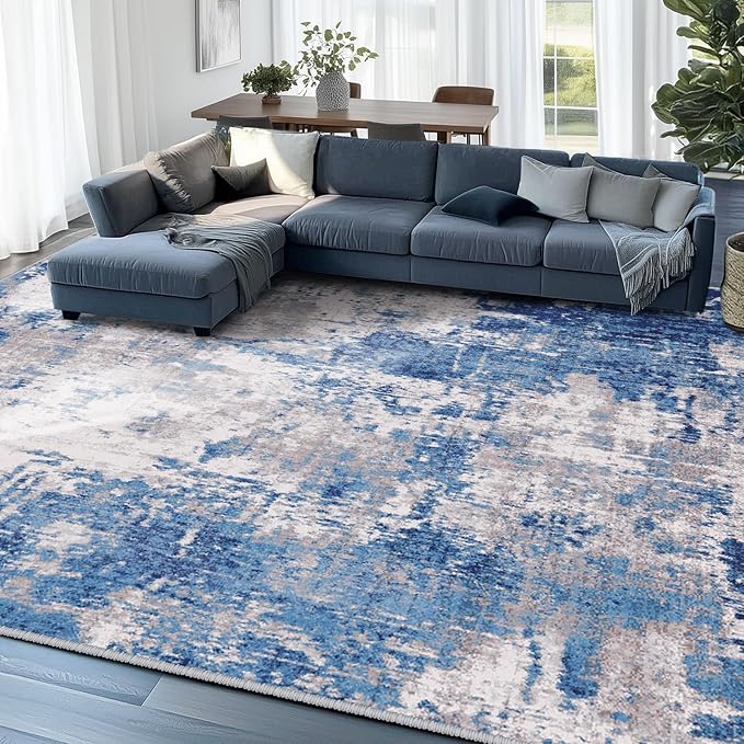 RELEANY Washable Area Rugs 9'x12' Non-Slip Modern Abstract Soft for Living Room Entryway Bedroom, Print Pattern, Blue Grey Navy Gray