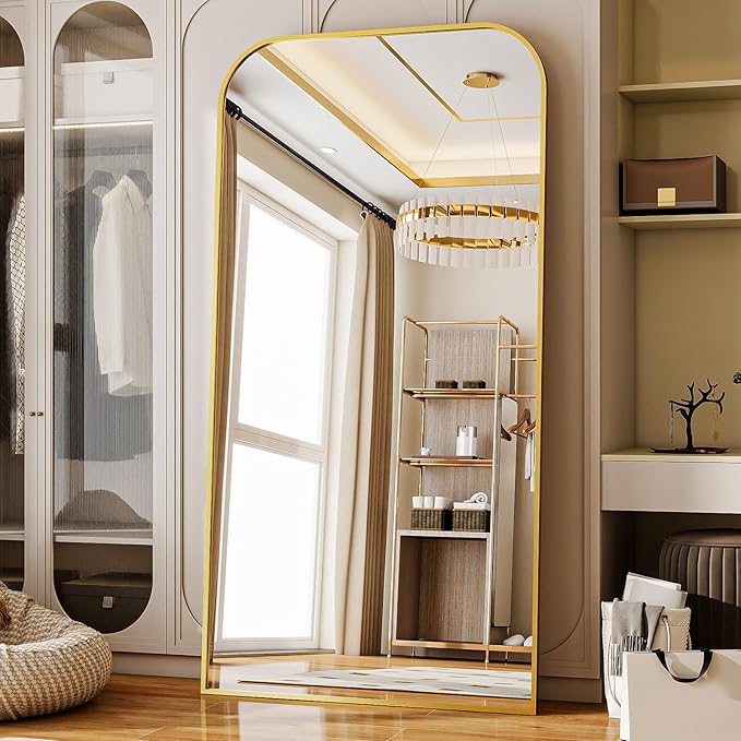 Full Length Mirror 76"x34" Arched Floor Standing Large Mirrors Full Body Mirror with Stand - with Aluminum Frame for Bedroom Living Room, Gold