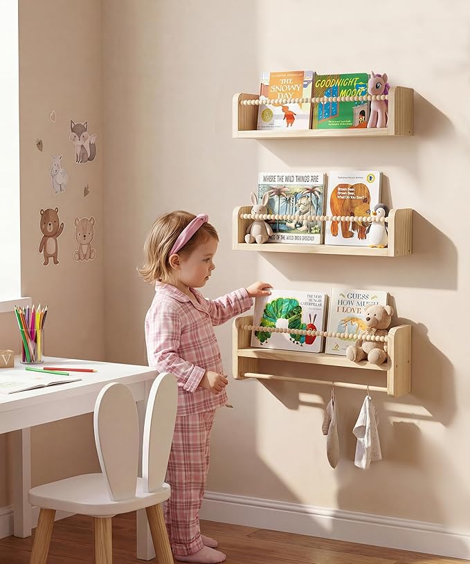 Nursery Book Shelves for Wall Set of 3, Natural Wood Bookshelves Wall Decor, Small Floating Shelf Organizer for Kids Room, Bedroom, Kitchen Spice Rack