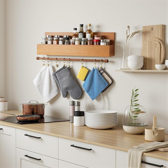 Suzile Wood Floating Shelf with Towel Bar & 20 Hooks, Large Capacity 19x5.5x5.5 Inch Wall Mounted Storage Organizer for Nursery, Kitchen, Bathroom, Living Room, Bedroom