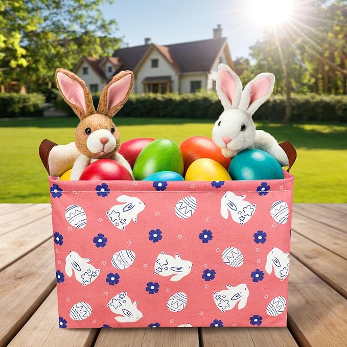 Large Rectangular Cute Kid Easter Basket Empty Bunny Eggs Easter Basket Gift Spring Room Storage Organizer Décor (Rabbit Pink Background)