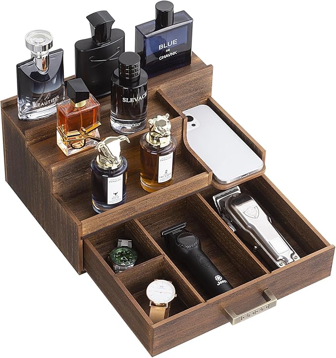 Cologne Organizer for Men, 3 Tier Perfume Display Stand with Drawer and Hidden Compartments, Stylish Wooden Mens Cologne Holder for Dresser Storage, Great Gift for Men/Fathers, Deep Brown
