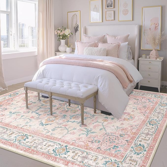CAPALOCA Machine Washable Rugs Nursery Rug 9x12 Cute Girl Non Slip Low Pile Water Repellent Soft Print Pattern for Bedroom Indoor Decor Kids Playroom Pink Teal