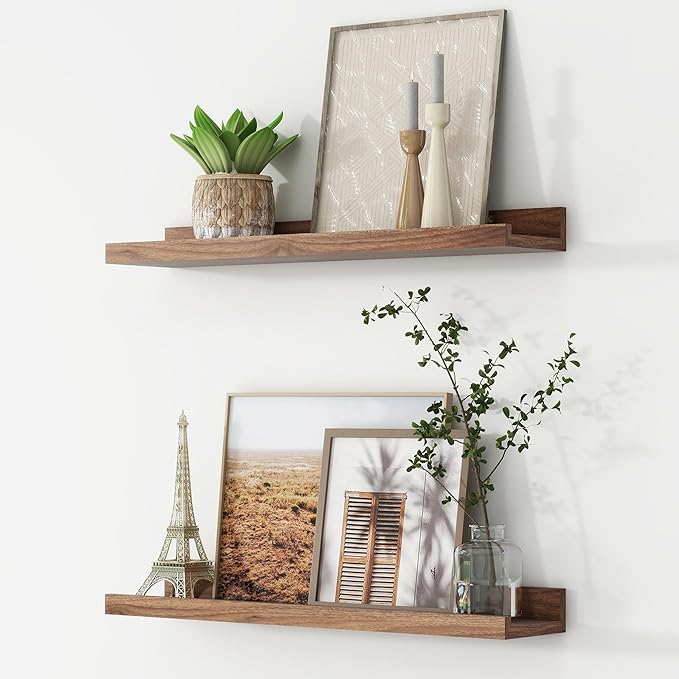 FLYJOE Picture Ledge Shelf, Floating Shelves Set of 2, 24 Inches Nursery Book Shelves for Toys Storage, Kids Bookshelf Wall Mounted for Living Room Bedroom Decor Books Photo Frames, Walnut