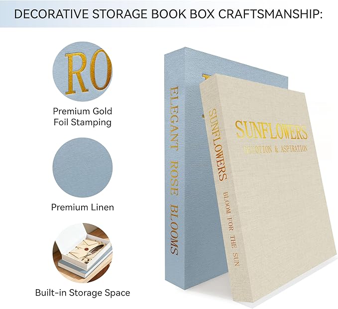 Premium Linen Decorative Book Box Set of 2 - Letter Gold Foil Embossed with Hidden Storage | Coffee Table, Bookshelf & Mantel Decor & Keepsake Organizer to Elevate Home Aesthetic,Blue