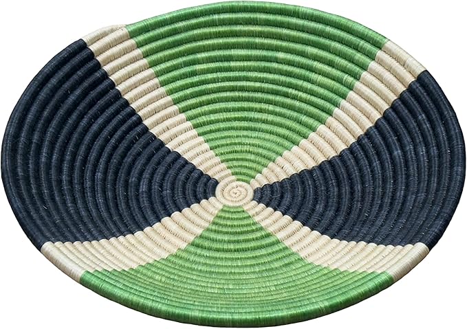 Handwoven African Sisal Basket Bowl Handmade Woven Fruit Bowl, Decorative Wall Basket for Home Décor, Living Room Centerpiece Gifts Zen Design Arts and Crafts (Light Green Black Cream, 8in diameter)