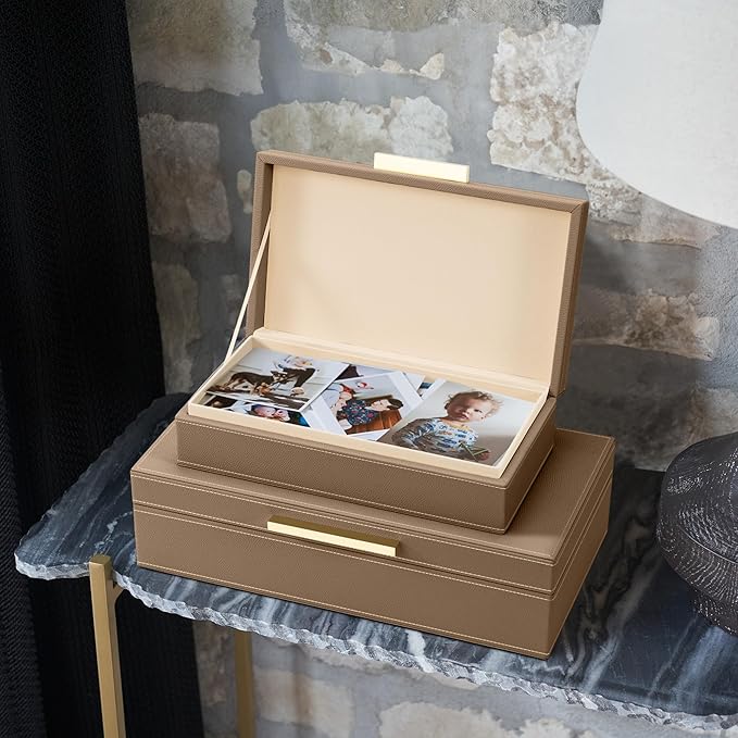 ZICOTO Decorative Storage Boxes with Lids – Set of 2 Beautiful PU Leather Organizer Bins for Your Bookshelf Home Decor - Safely Store Photos, Documents and Memory Box Keepsakes in Style