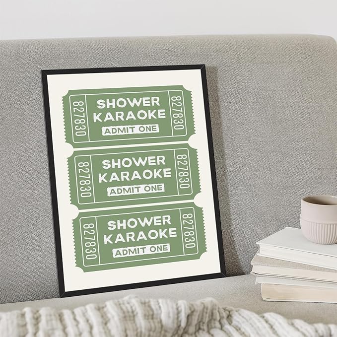 Sage Green Shower Karaoke Wall Art, Trendy Admit One Ticket Canvas Poster, Funny Bathroom Wall Art Print, Cute Quotes Wall Decor for Restroom Guestroom 8x12in Framed