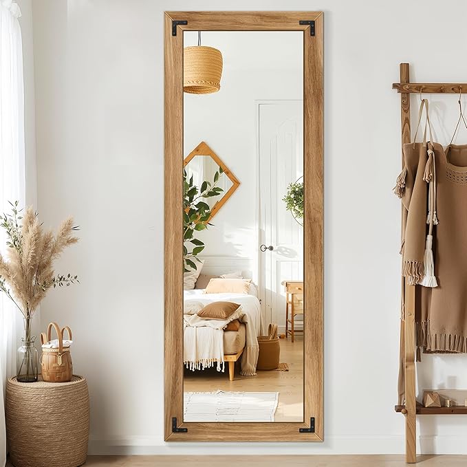 TRAHOME Full Length Mirror with Wooden Frame, 65"X24" Solid Wood Standing Floor Mirror for Farmhouse, Bathroom, Bedroom, Hanging or Leaning Wall-Mounted