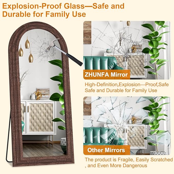 ZHUNFA External Three-Layer Arched Full Length Mirror with Solid Wood Frame,65x22 Modern Farmhouse Decor Standing Mirror Full Length,Wall Mounted,Leaning,Standing for Bedroom,Living Room,Brown.