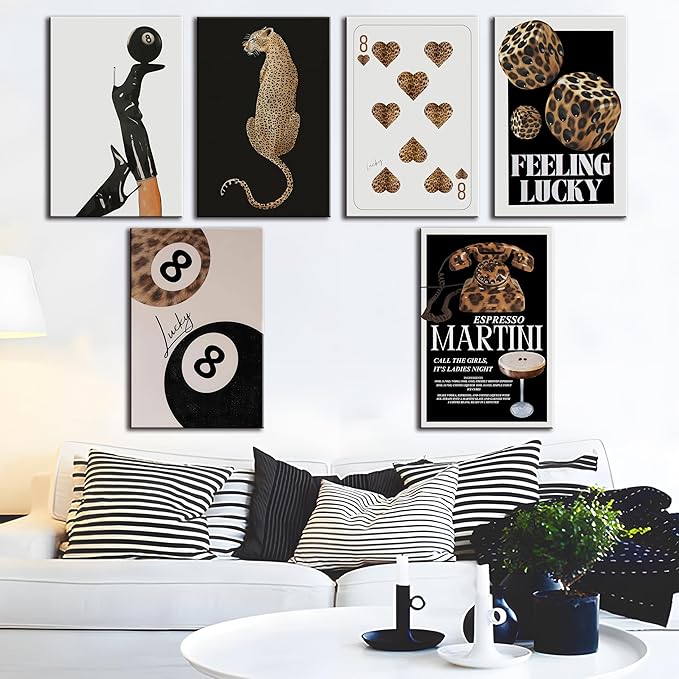 ZxXzkwpP Black Cheetah Print Room Decor Poster, Trendy Red Fashion Leopard Print Wall Art Aesthetic Lucky 8 Ball Poster Coquette Preppy Y2k Red Funky Art For Bedroom (Black 12x18x6 Framed)