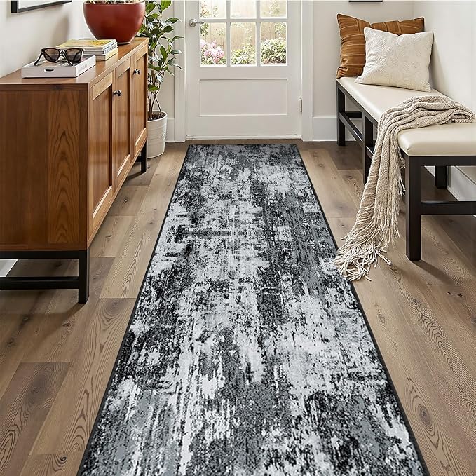 RELEANY Washable Area Rugs 2'x10' Non-Slip Modern Abstract Soft for Living Room Entryway Bedroom Nursery, Print Pattern, Black Navy Blue Gray