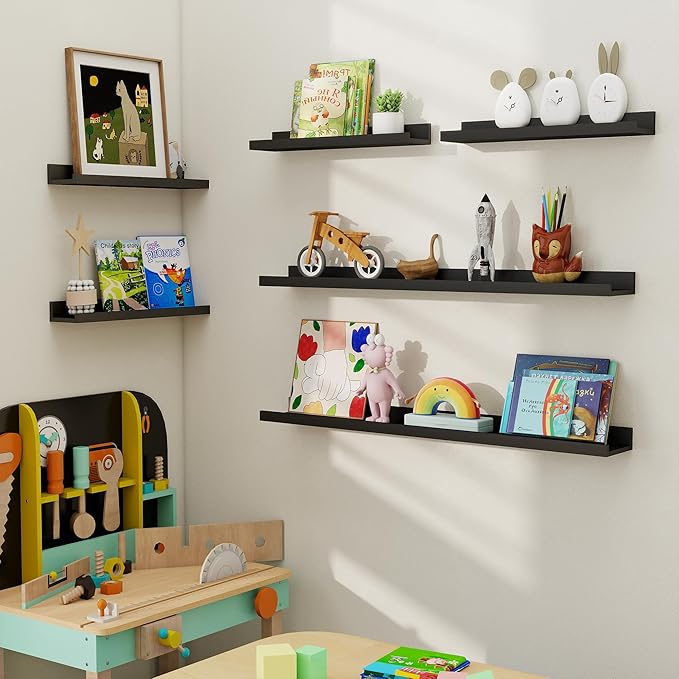 Axeman Picture Ledge Shelf, Floating Shelves for Decor Storage Set of 6, 16 inch Floating Wall Mounted Shelves, Wall Shelves with Lip for Living Room, Bedroom, Nursery, Bathroom, Kitchen, Black