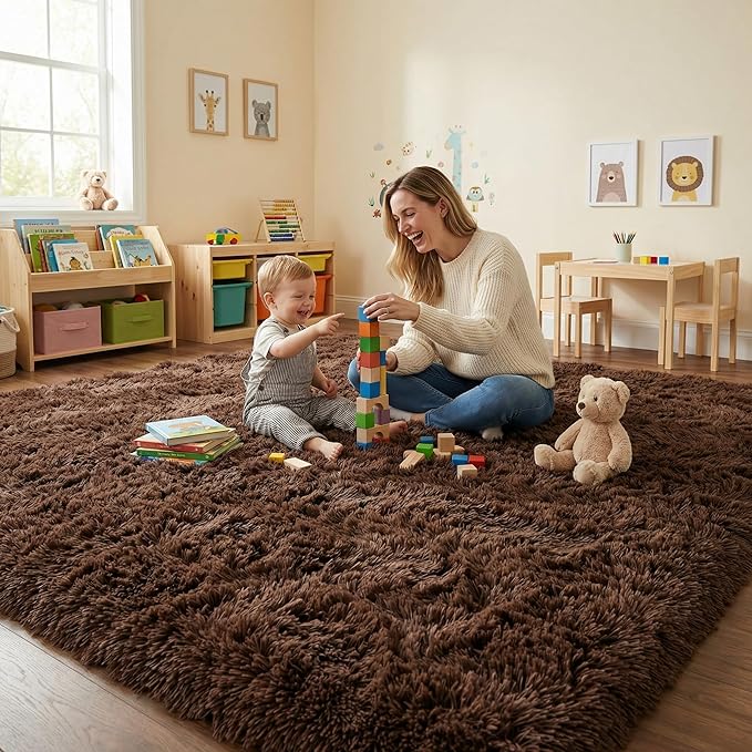 Large Area Rugs for Living Room, 7x10 Soft Fluffy Shaggy Rug, Machine Washable Non-Slip Plush Fuzzy Indoor Carpet, Aesthetic Home Decor for Bedroom,Kids Room,Nursery,Dorm, Coffee Brown