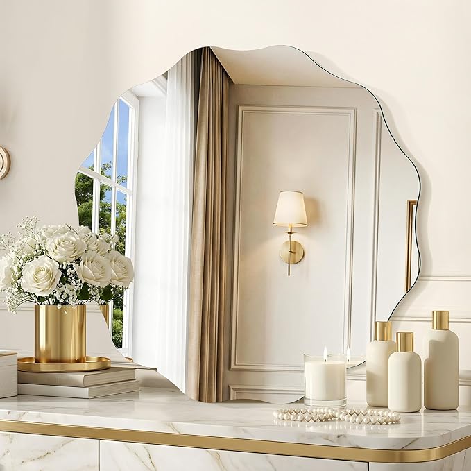 CILIBER Frameless Wavy Round Mirror, 24'' Scalloped Circle Wall Mirror, 3mm Tempered Glass Decorative Bathroom Vanity Mirror, Mounting/Leaning for Mantel, Living Room, Bedroom and Entryway