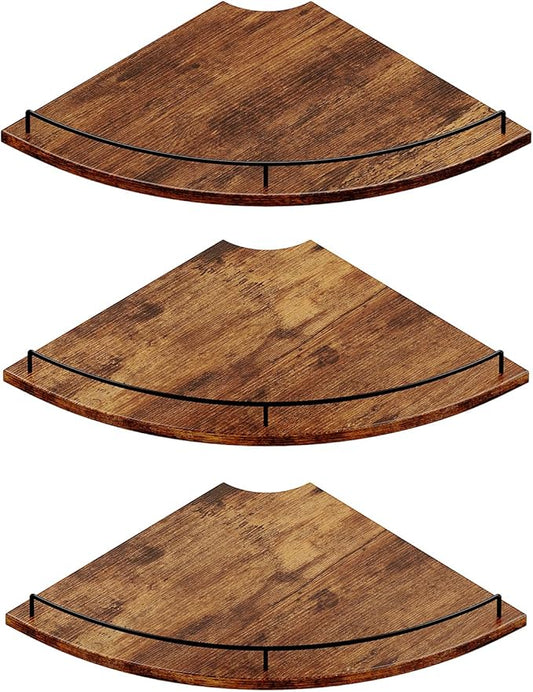JJL Corner Shelf Wall Mounted, 12 Inches 3-Tier Floating Corner Shelf, Fan-Shaped Rustic Wood Decor with Fence, Brown Storage Organizer for Apartment Bedroom Kitchen Bathroom