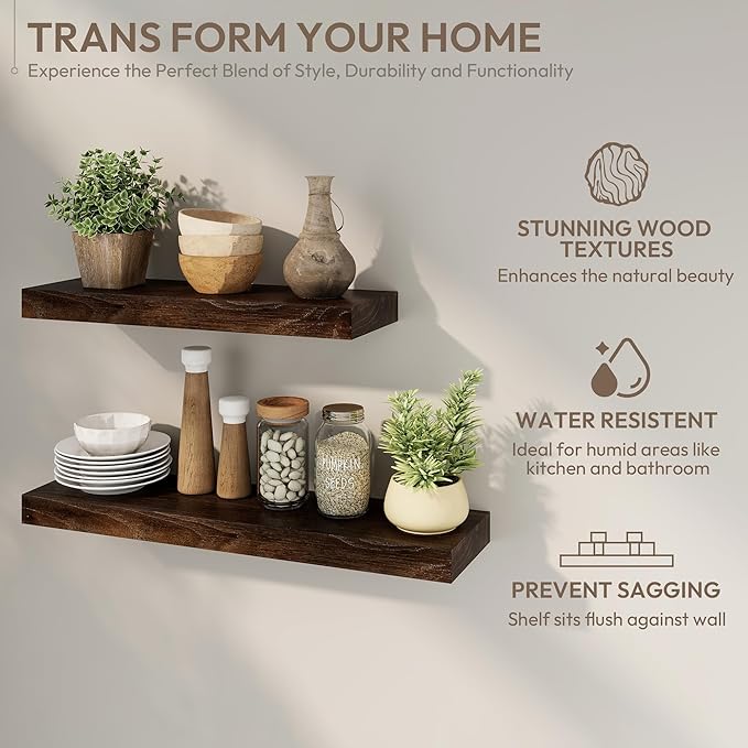 Marsmiles 30 inch Floating Shelves for Wall Solid Elm Wood Shelves|Rustic Wall Shelves with Invisible Heavy-Duty Bracket for Bathroom Living Room Kitchen|Walnut, 2 Pack