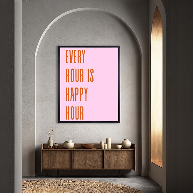 InkFlow Posters Every Hour Happy Hour Poster - Bold Typography Quote Art - Modern Pink Orange Design - Kitchen Bar Wall Decor - Contemporary Home Style Print - 16x20 Unframed Canvas Print