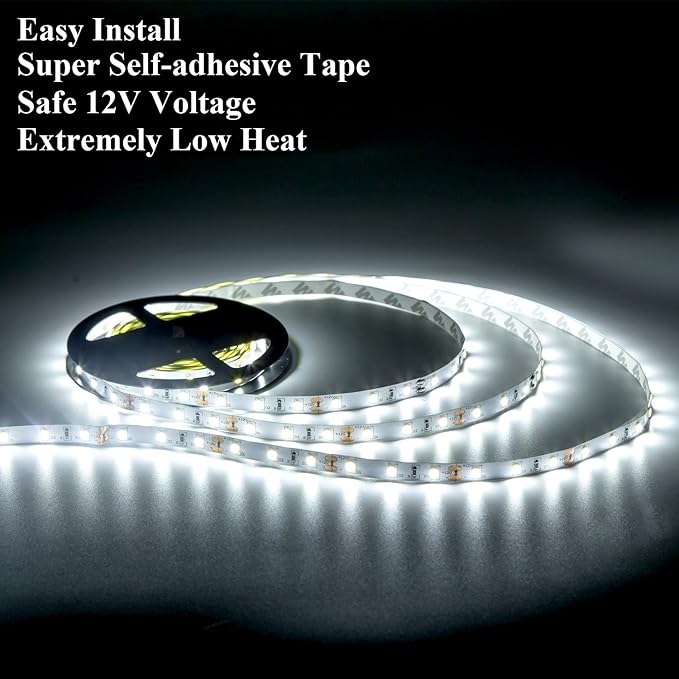 Daylight White LED Strip Lights, 12V16.4ft 300LEDS Flexible Tape Light for Hallway, Staircase, Bookshelf, Under Cabinet, Non Waterproof, Not Include Power Adapter