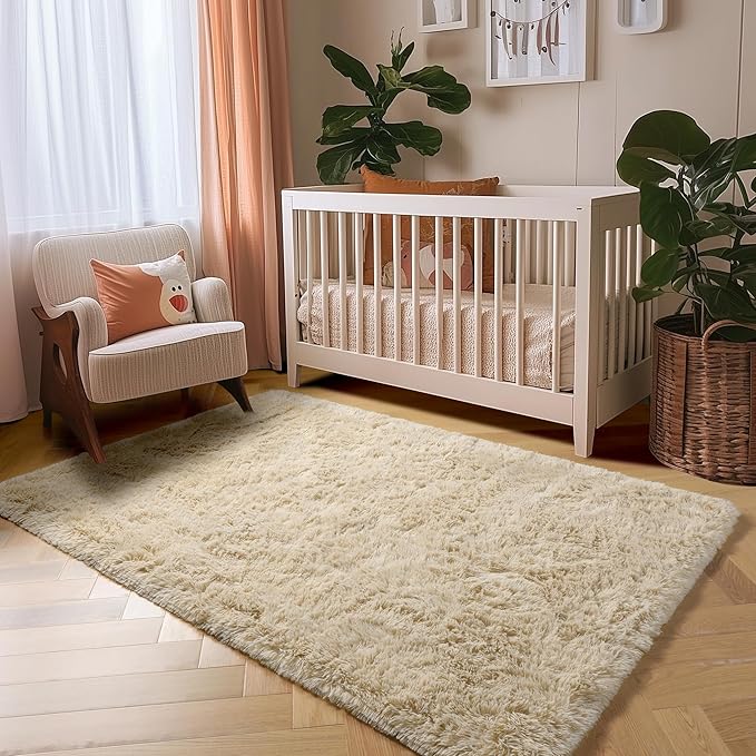 Amdrebio Beige Area Rugs for Bedroom Kids Room Decor, Fluffy Plush Shaggy Furry Fuzzy Small Rug 3x5 for Home Office Preppy Dorm, Soft Cute Shag Neutral Tan Carpet for Teens Baby Nursery Playroom