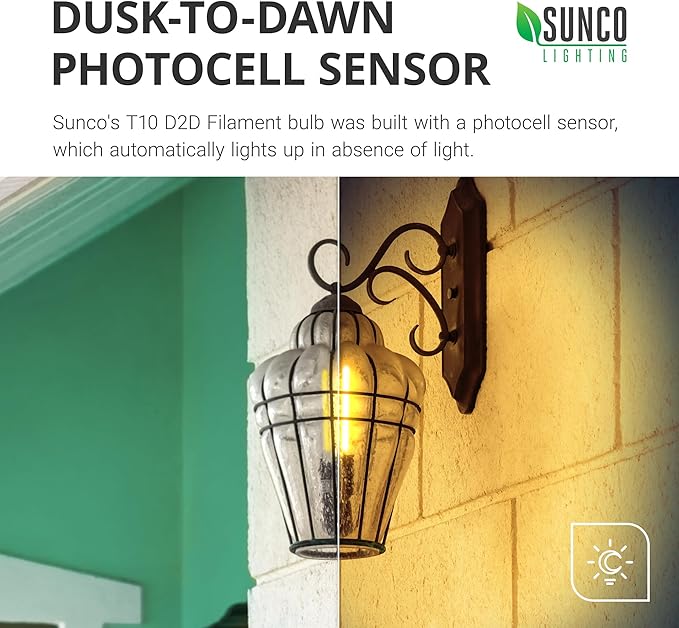 Sunco Lighting 6 Pack 5W=40W Dusk to Dawn Outdoor T10 Light Tubular LED Bulbs, CRI90 2700K Soft White E26 Base, 450 Lumens, Vintage Filament, Waterproof, Outdoor Decorative UL.