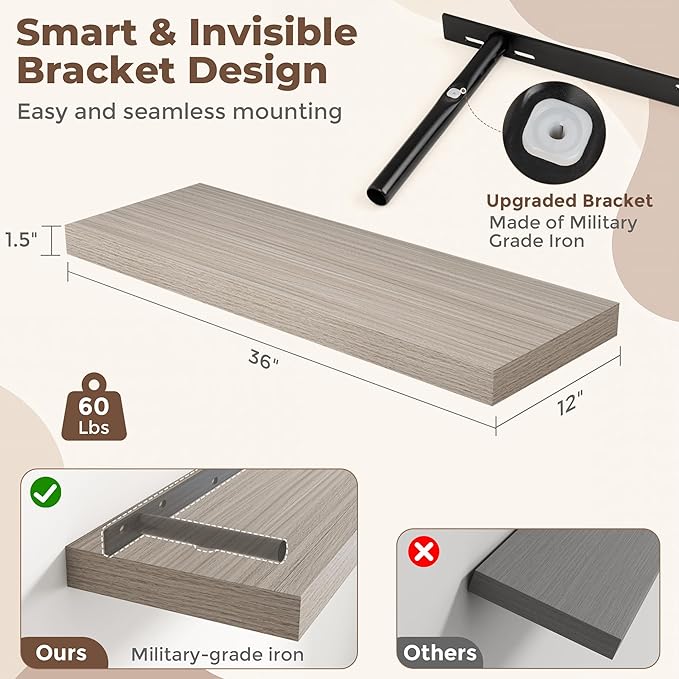 Fun Memories 36 Inch Grey Floating Shelves for Wall, 12 Inch Deep Shelves for Bathroom|Kitchen|Bedroom, Wall Mounted Rustic Wood Floating Shelf with Invisible Brackets for Books|Storage|Decor, 2 Pack