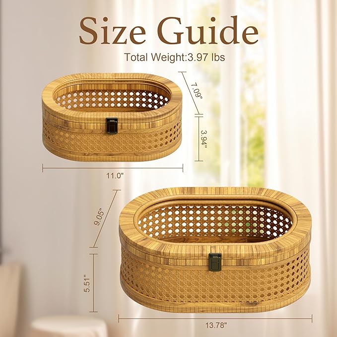 Rattan Display Box,Boho Oval Decorative Storage Boxes with Clear Lid,Set of 2 Woven Wicker Natural Finish Keepsake Boxes for Rustic Farmhouse for Home Decor