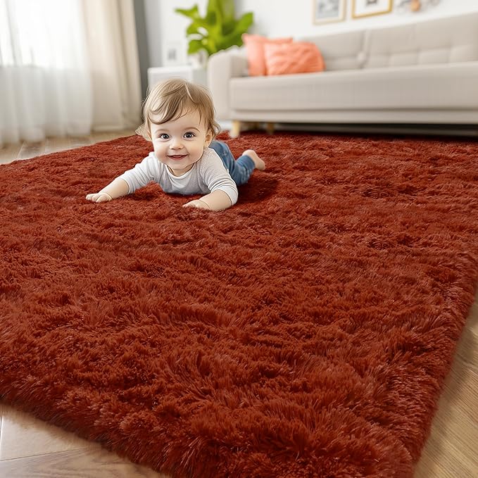 Amdrebio Terracotta Rust Area Rugs for Bedroom Living Room, Fluffy Fuzzy Shaggy Furry Rug 4x6 for Kids Room Decor Aesthetic, Small Cute Plush Shag Rustic Carpet for Nursery Dorm Classroom Playroom