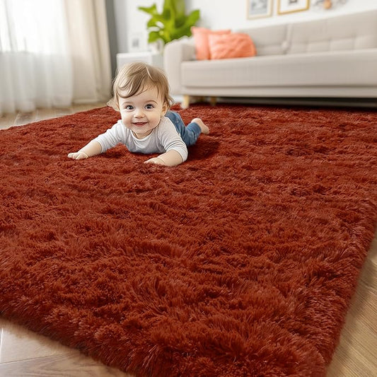 Amdrebio Terracotta Rust Area Rugs for Bedroom Living Room, 5x7 Fluffy Fuzzy Shaggy Furry Rug for Kids Room Decor Aesthetic, Modern Cute Plush Shag Rustic Carpet for Nursery Dorm Classroom Playroom