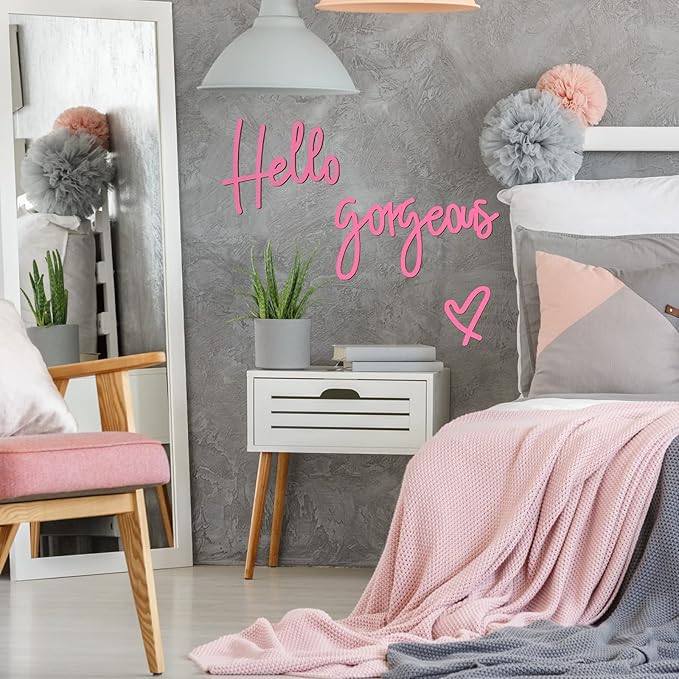 Blulu Hello Gorgeous Wall Decor Sign Hello Gorgeous Wall Art Minimalist Wooden Words Decor for Lash Room, Salon, Vanity or Makeup Room, Bathroom, Bedroom, Office(Pink)