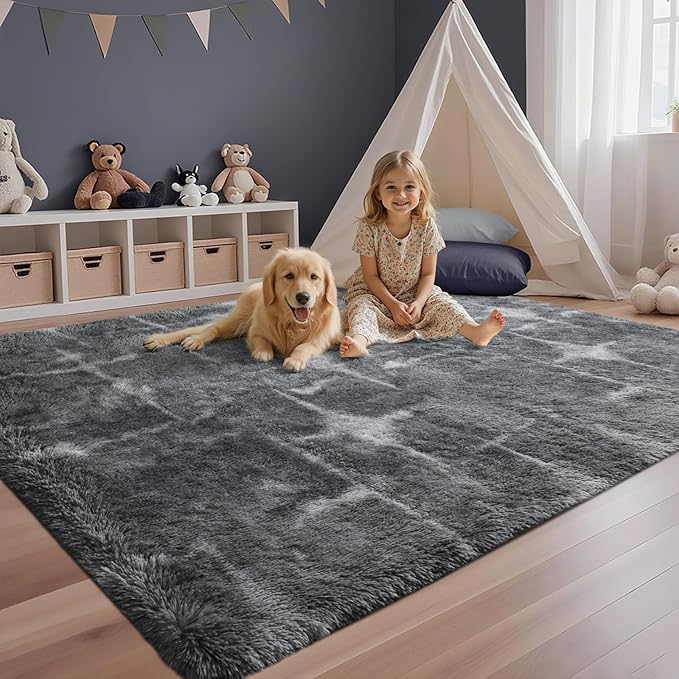 5x7 Ft Area Rugs for Living Room, Grey Plush Fluffy Shaggy Bedroom Rugs Non-Slip, Ultra Soft Carpet for Nursery Kids PlayRoom Dorm Office Indoor