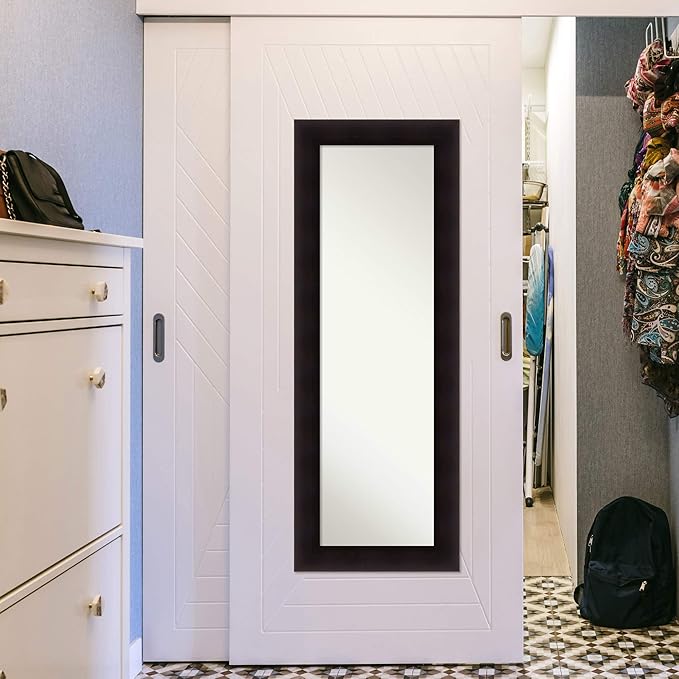 Amanti Art Brown Full Length Mirror for Door, 54x20 Portico Espresso Tall Wall Mirror Full Length, Mounted to Door or Closet Wall with no Visible Brackets, Country Rustic Wood Frame, Bedroom Decor