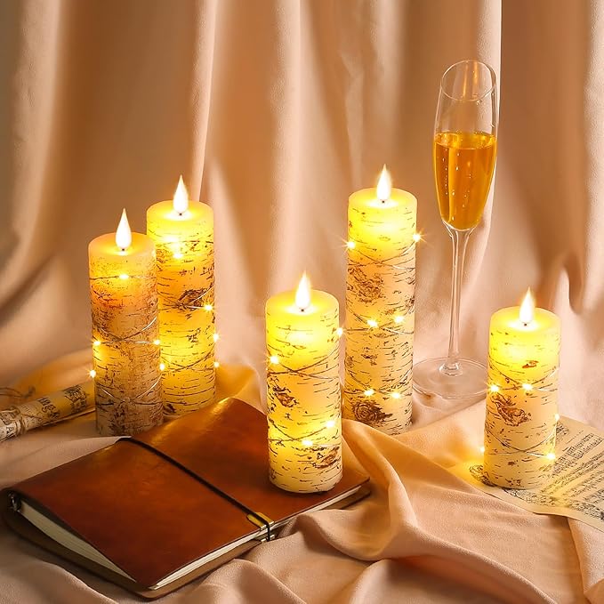 Da by LED Candles Hand Painted Birch Bark Recessed String Candles Set of 5 (Heights: 4", 5", 6", 7", 8") Battery Powered with Dancing LED Flame