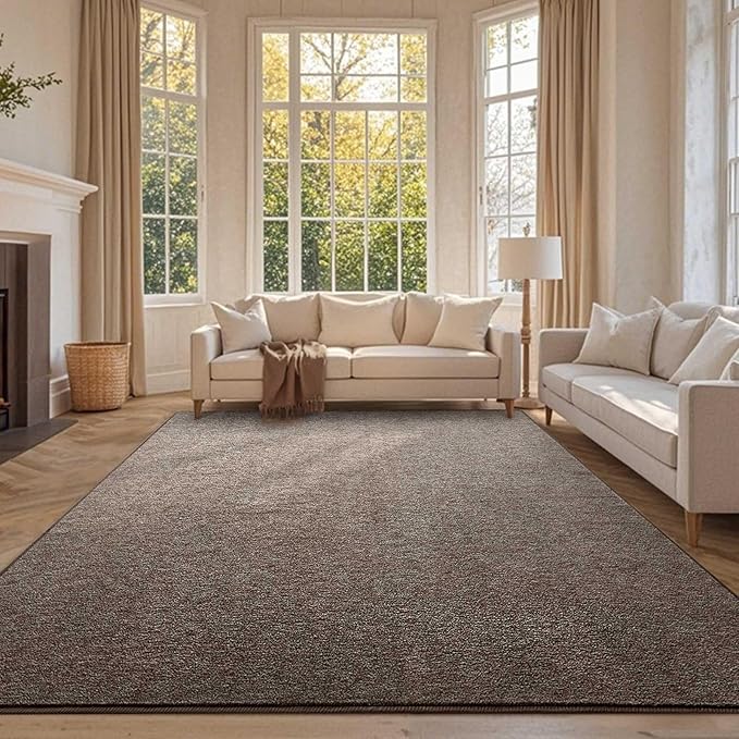 FinRèc 8x10 Washable Area Rugs for Bedroom Living Room, Low Pile Thin Rug Solid Color, Non-Slip Carpet Indoor for Home Decor (Brown/White)