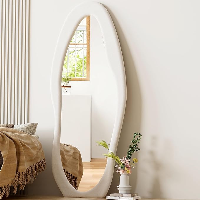 Dewfig Full Length Mirror, 63" x 24"Irregular Mirror, Large Floor Length Mirrors Wall Mounted, Standing Mirrors with Flannel Wrapped Wooden Frame for Bedroom/Living Room, White