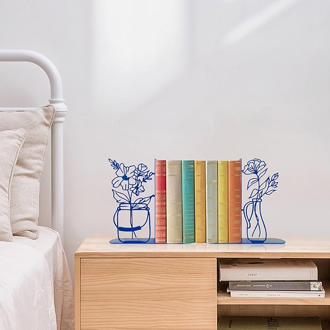 Flower Vase Bookends, Metal Decorative BookEnds for Shelves Cute Book Ends for Office Home Decor, Ideal Gift for Book Lovers (Blue)