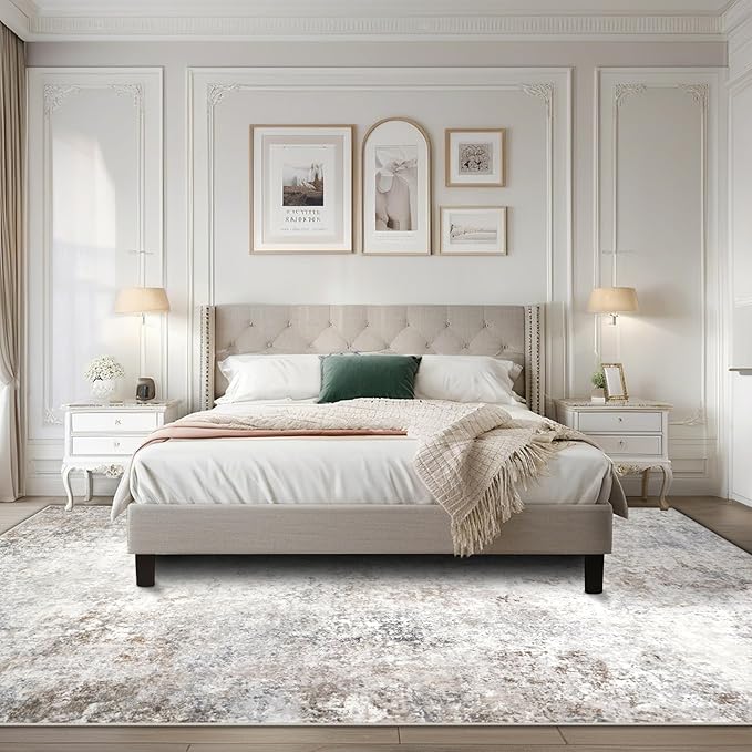 Srugn Washable Rugs 5x7 Area Rugs for Living Room,Modern Abstract Rugs for Bedroom,Large Carpets,Ultra Soft Faux Wool Retro Dining Room Rug,Non Slip&Non-Shedding Low Pile Print Rug- Beige Grey