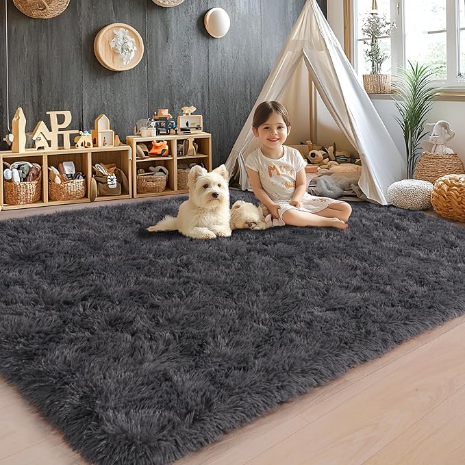 Area Rugs 9x12 for Living Room, Ultra Soft Fluffy Rugs for Bedroom, Non-Slip Furry Large Rug for Teen Girls and Boys,Nursery Kids Room Dorm Home Decor, High Pile Plush Floor Carpet, Charcoal Grey
