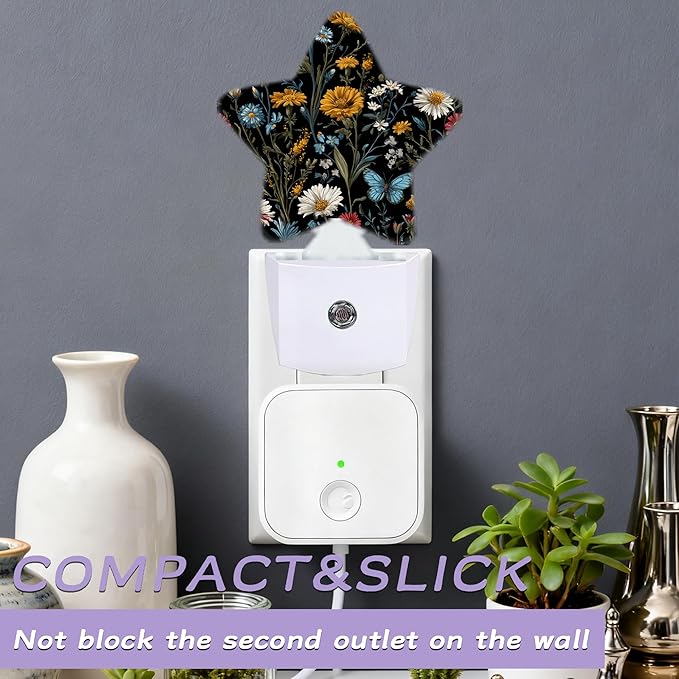 Floral Black Nightlights Plug in Wall,Decorative Star Lamp with Automatic Lighting for Living Space,Gentle Glow for Kids Room,Hallway,Bathroom