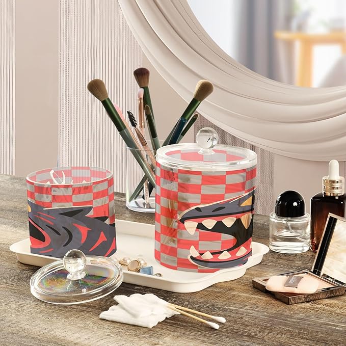 Red and Gray Checkered monsters Clear Plastic Makeup Organizer Storage with lid Pantry Essentials Decorative Dental floss storage jar for Cotton Swabs,Cotton Pads,Floss Picks,Paper Clips,Hair