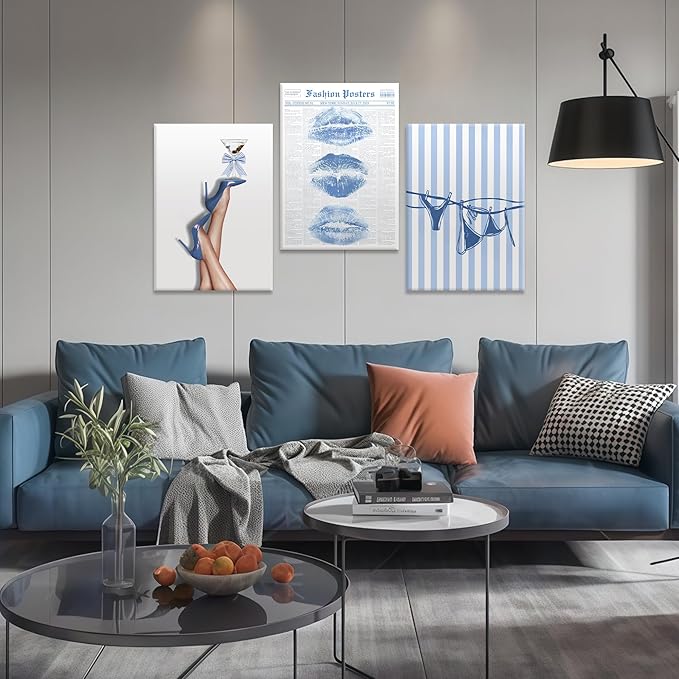 3Pcs Trendy Coquette Wall Art Blue Lips Bikini & Bow Heels Wall Decor Pictures Vintage Martini Newspapaer Canvas Posters Prints for Y2K Girly Room Dorm Apartment Preppy Aesthetic Decor 16x24in