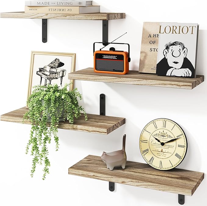 Fixwal Wall Floating Shelves for Room Decor, 4 Sets Floating Shelves for Wall Storage, Wood Wall Mounted Shelf for Bedroom Decor, Bathroom Storage, Book Shelf for Wall-Rustic Brown | for Room Decor, Floating Shelves, for Wall Storage, for Bedroom Decor...