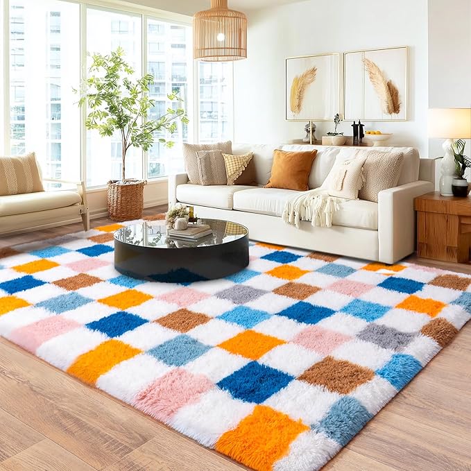Checkered 8x10 Area Rugs for Living Room, Ultra Soft Fluffy Large Shaggy Rug Carpet for Bedroom, Non-Slip Fuzzy Plush Rugs for Nursery Boys Girls Kids Room Modern Indoor Home Decor, Colorful