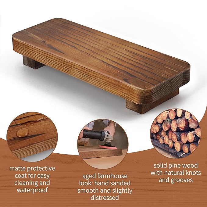 Liswit Farmhouse Wood Tray Rustic Wooden Pedestal Decorative Wood Riser for Farmhouse Kitchen Counter Bathroom Room Decor (Dark Brown)