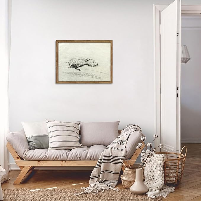 Framed Dog with Zoomies Canvas Wall Art, Vintage Dog Flight Poster Print, Sketch Running Little Pictures Decor, Black and White Silly Wall Decor for Living Room Bedroom – 16x24 inch